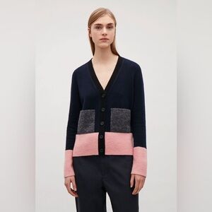 COS Colour Block V-Neck Button Down Women's Cardigan Textured Wool-blend Large